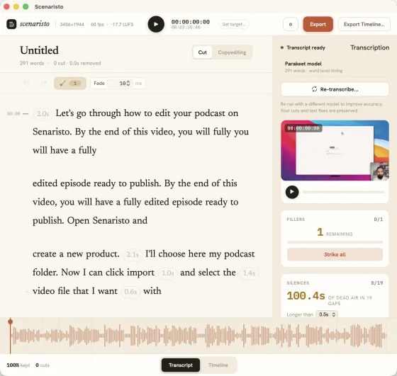Scenaristo's transcript editor showing a recording as an editable essay, with filler words and silences flagged in the side panel.