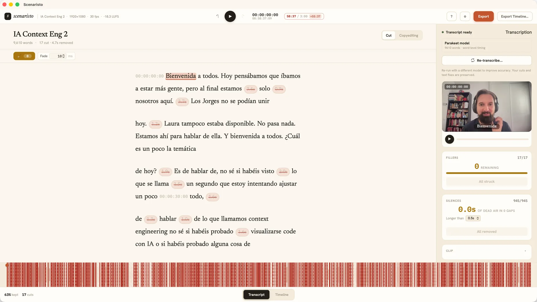 A transcript with all 945 silence gaps struck out and the live budget chip tracking a 3:00 target runtime.