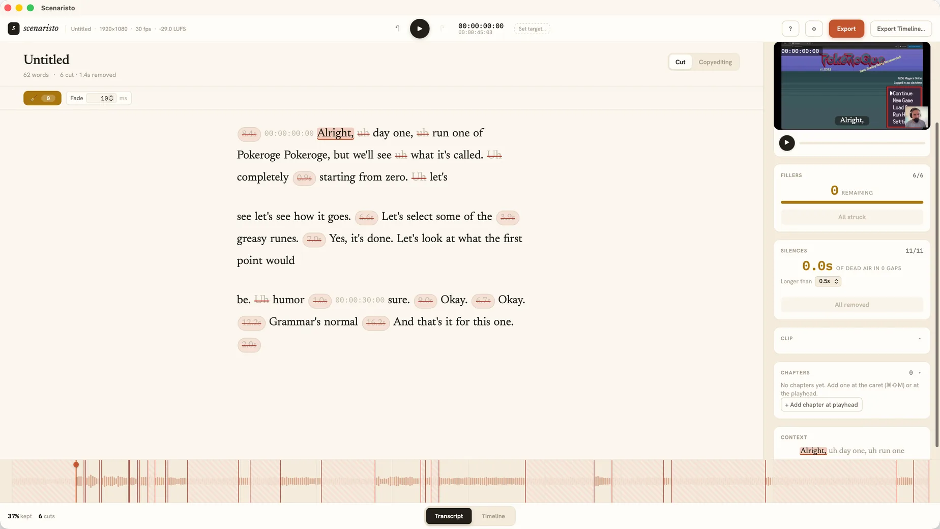A finished cleanup pass in Scenaristo: every filler struck, silences removed, and the chapters panel open beside the transcript.