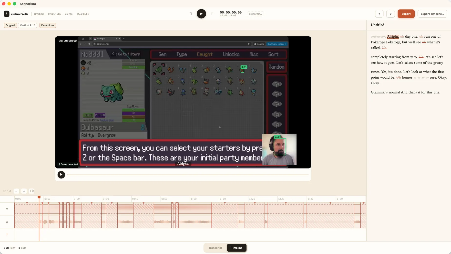The preview with on-device face detection boxes over a gameplay recording and its facecam.