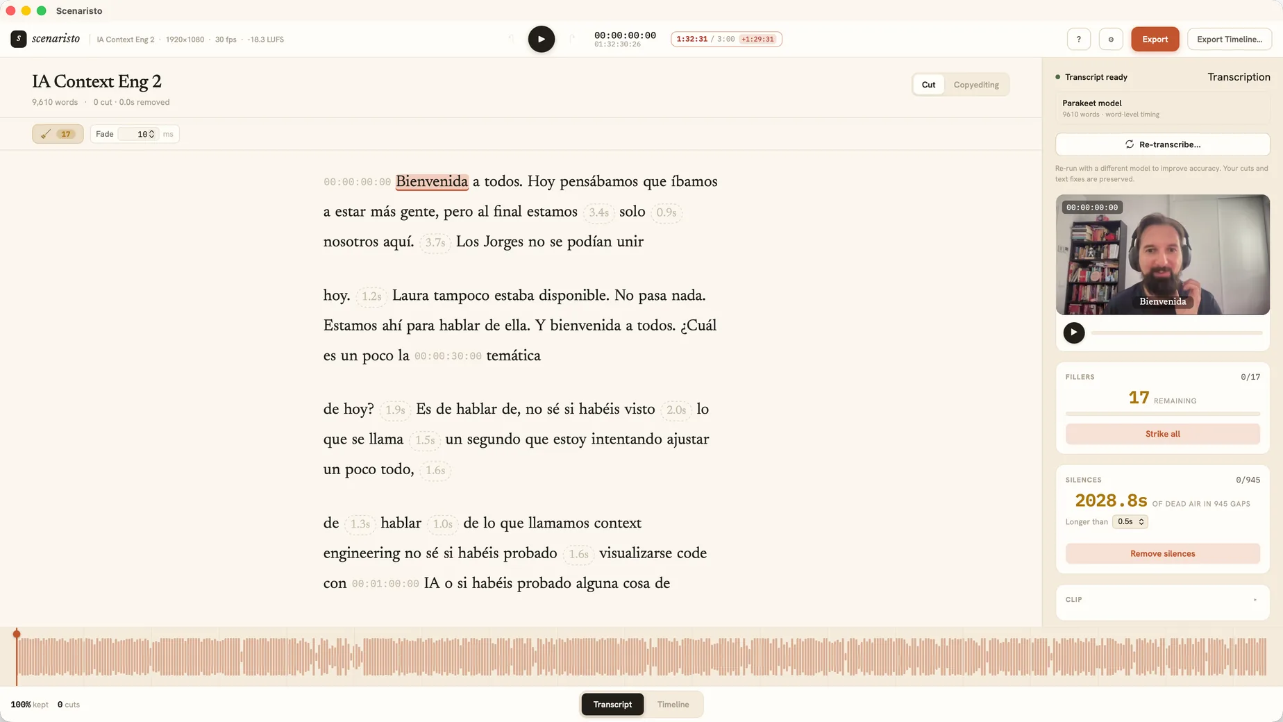A 92-minute recording laid out as an editable essay in the transcript reader, 9,610 words with word-level timing.