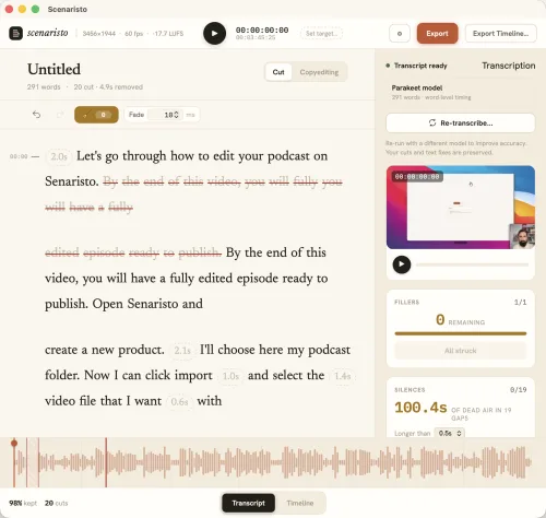 Scenaristo's transcript with filler words struck through and grayed out, each cut ready to restore with one click.