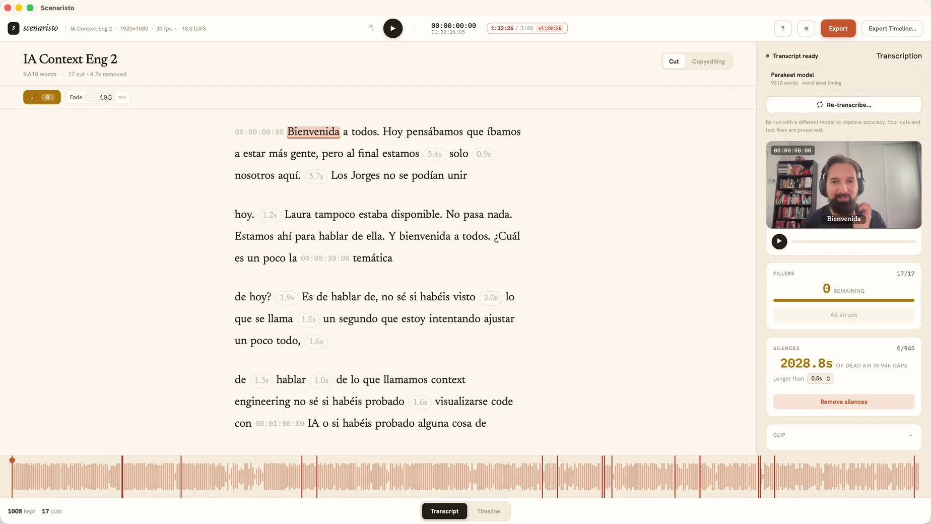 Scenaristo's transcript with filler words struck through and grayed out, each cut ready to restore with one click.