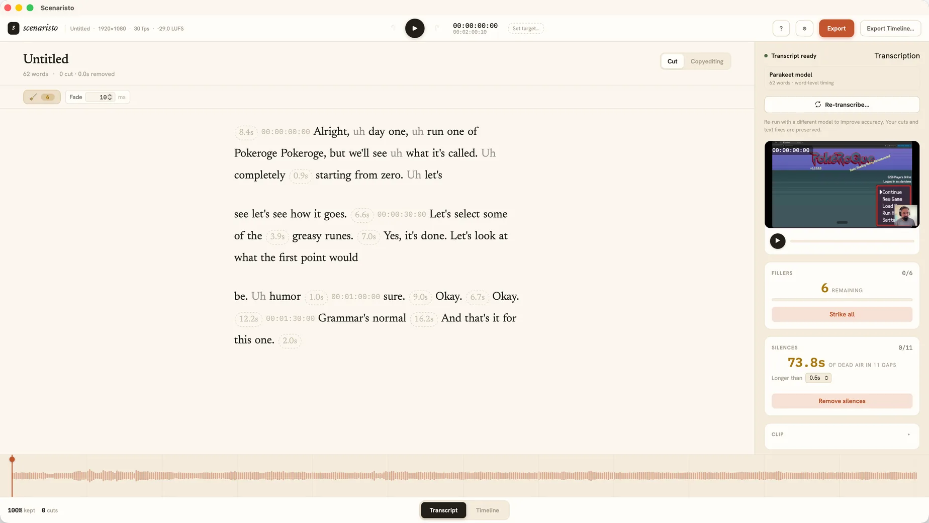 Scenaristo's transcript editor showing a recording as an editable essay, with filler words and silences flagged in the side panel.